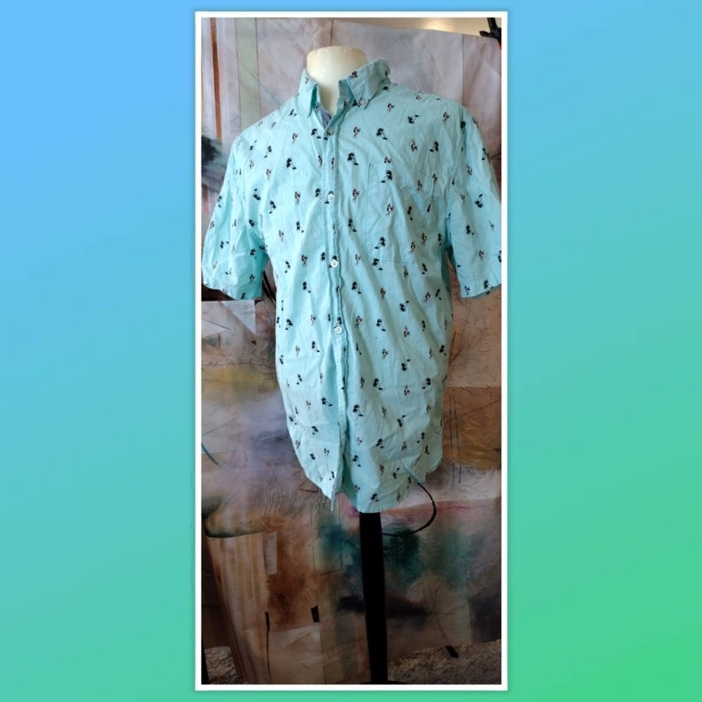 Carbon Short Sleeve, Button Down Shirt With Hulu Girls And Palm Trees Size L